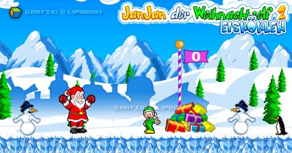 JanJan der Weihnachtself 2: Eishöhlen - Hilf JanJan dem Weihnachtselfen in diesem Spiel vom Weihnachtsmann verlorene Pakete zu finden. Grafik © 2024 Lipowski